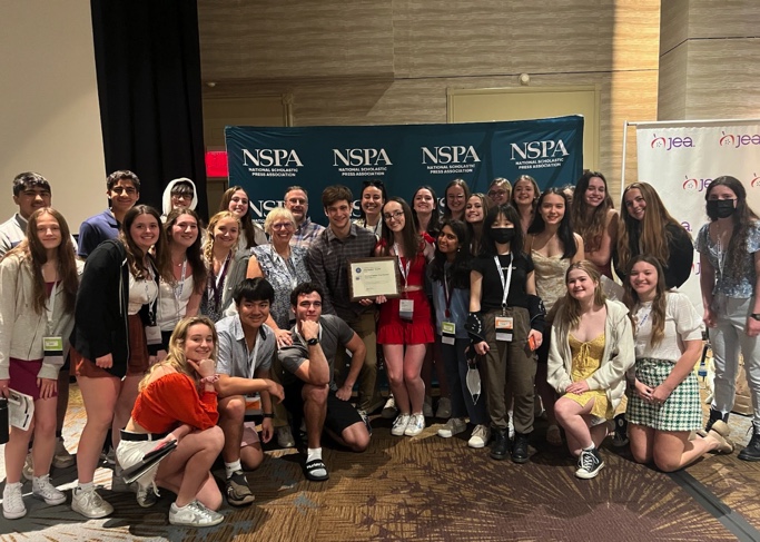 The group of WSPN reporters who attended the 2022 NSPA conference in Los Angeles, California pose with the publication’s 2021 Pacemaker Award. May 1, 2022 marks the 15th anniversary of the publication, each year made unique by the hard work and creative efforts of every student journalist who participates in the elective.