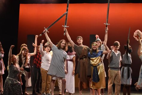 In the finishing scene of the play, the entire cast of Epic Proportions rallies on stage and strikes a pose. This scene, as well as several others, occurs as a voice-over by the narrator (played by senior Harrison Dietzius) talks to the audience. My favorite thing about being in this play was just getting to do one last show [before I graduate], Dietzius said. Just getting to be in one more show with all the people that Ive been [in the theater ensemble] with for the past four years before I leave was really nice.