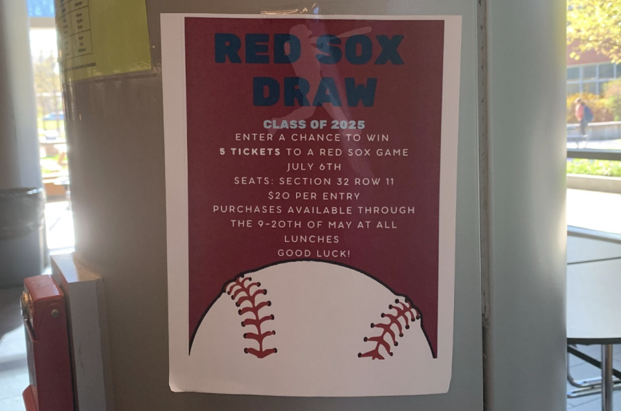 A flier in the commons promotes the Red Sox ticket draw fundraiser put on by the Class of 2025. “Our mentality was, if we have the opportunity to fundraise more, lets just [do it],” Class of 2025 President Reva Datar said. “The more we earn this first year, the more we can invest in our class events, and we can make those more memorable, exciting and fun.”