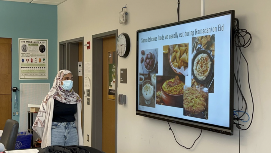 The day before the first day of Ramadan, sophomore Mariam Gayed teaches her chemistry class about this Islamic holiday. “I decided to present about Ramadan because a lot of people arent as aware of it, since they might not be surrounded by a super diverse community,” Gayed said. “I think exposing people to new cultures kind of helps expand your mind in a way.”