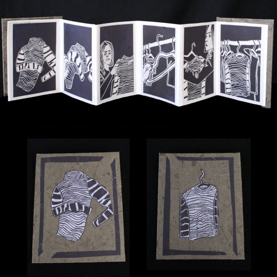 Senior Skylar Gould submitted a linocut of hanging clothes on a clothesline to the Massachusetts Amazing Emerging Artists organization. She was awarded the Blick Art Supplies Award for her piece “Laundry Book”.