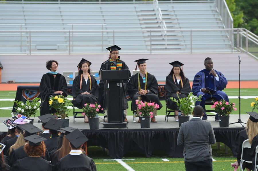 Senior class representative Guery Ortega shares a lighthearted but meaningful speech with his fellow graduating peers. Ortega was the second of five student speakers at the ceremony, all class representatives like Ortega.