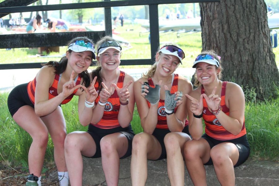 The girls varsity four boat that will be going to nationals consists of (from left to right) juniors Sophia Xie and Riley Reynolds and sophomores Ava Balukonis and Maddie Genis. The girls team is so close-knit and we all support each other in everything, Xie said.  The coaches are always there to support us which is really helpful.