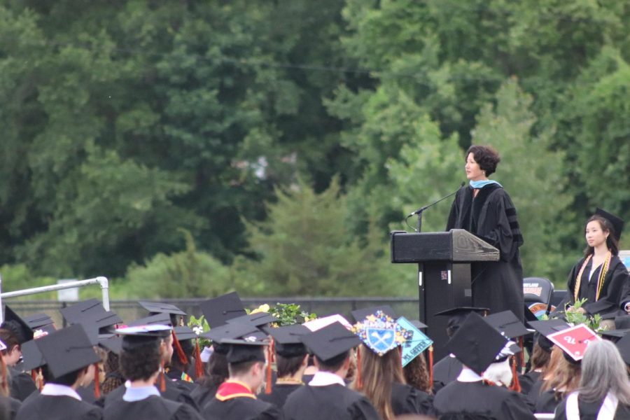 Principal Allyson Mizoguchi gives her speech to the class of 2022. Mizoguchi was one of the first of the Wayland administrators to give her speech at the ceremony, following the senior class representatives.