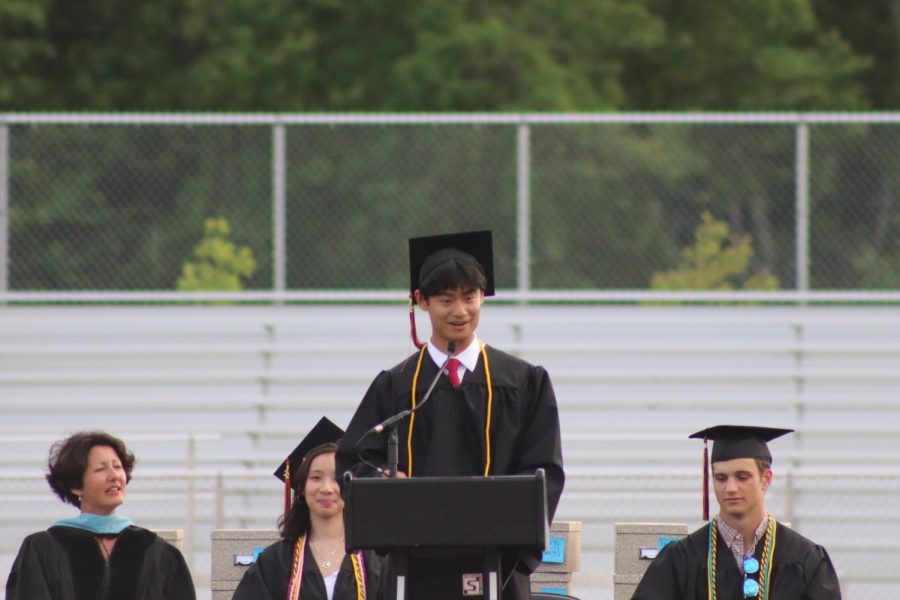 Class president Andrew Zhao gives his speech to the rest of the graduating class, teachers and family. Zhao was the first student to give a speech, followed by the other class representatives.