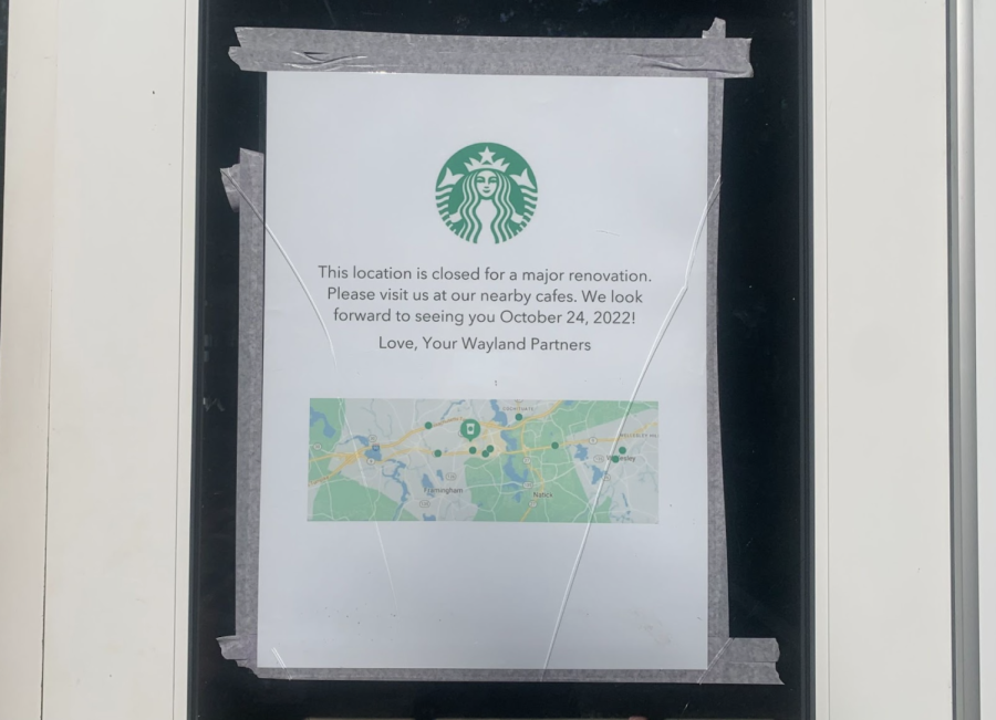 Wayland’s Starbucks is currently closed until Oct. 24 due to a complete renovation of the cafe. There are several other locations in the area. A sign is posted on the front door of the shop which shows a map of some of the nearby locations. 