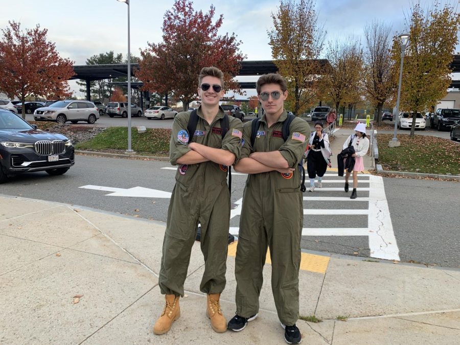 Seniors Jake Zocco (left) and Ethan Brandaleone (right) show off their Top Gun costumes. The duo emulated the pilot pair, Goose and Maverick, from the original movie.This costume was a no brainer for us since we [both] really liked Top Gun, Zocco said.