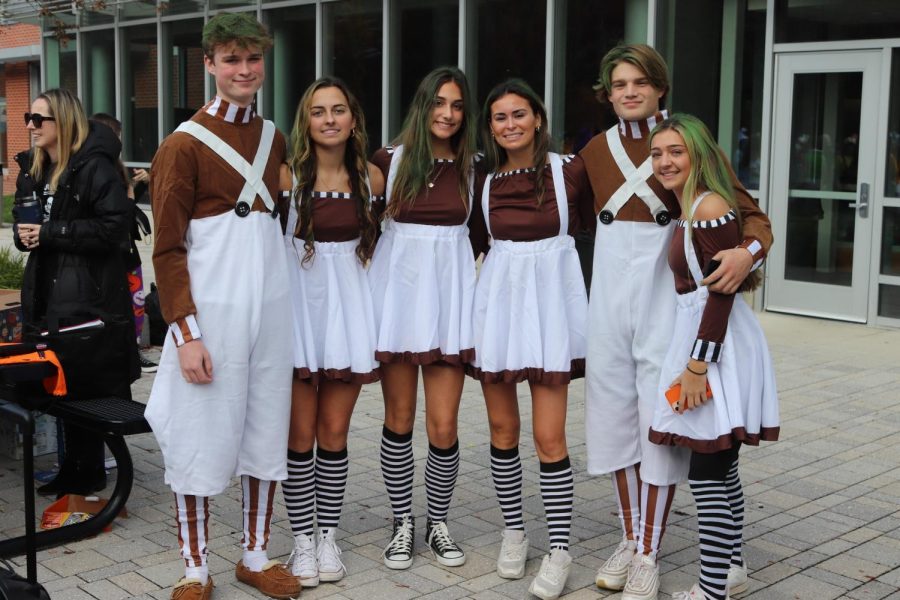 From left to right, seniors Colin Brown, Ashley Rice, Riley Leichliter, Bella Boyajian, Nathan Mazokopos and Carly Travis are Oompa Loompas.