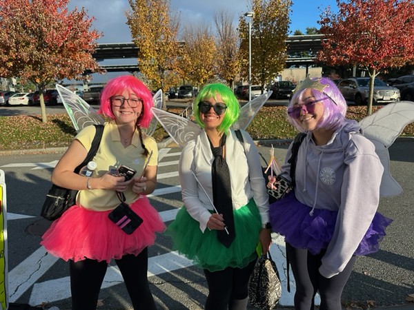 From left to right, seniors Olivia Rubin, Emily Campos and Jun Waye dress up as the three fairies from the popular show, The Fairly Odd Parents. We chose this costume because it was easy to do as a group, Campos said.