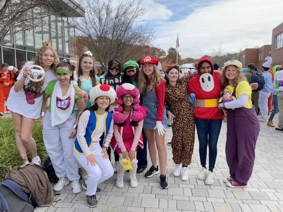 A group of seniors dress up as characters from Mario Kart. Many included props in their costumes like a Wii controller, a wand and a matching stuffed animal.