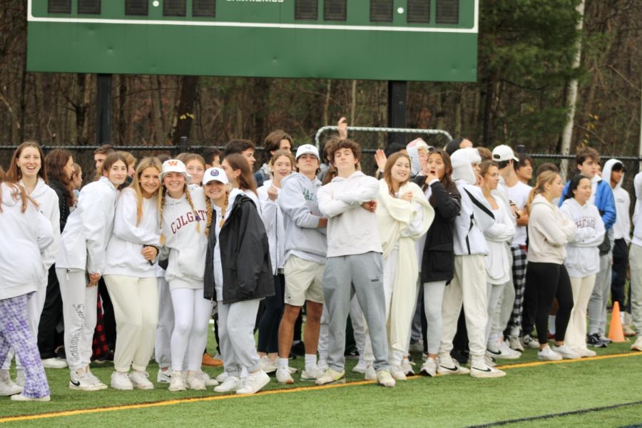 During halftime, the Wayland fan section joins together to support the team. The psych for this game was a white-out. Since there were no bleachers, students stood on the sidelines.
