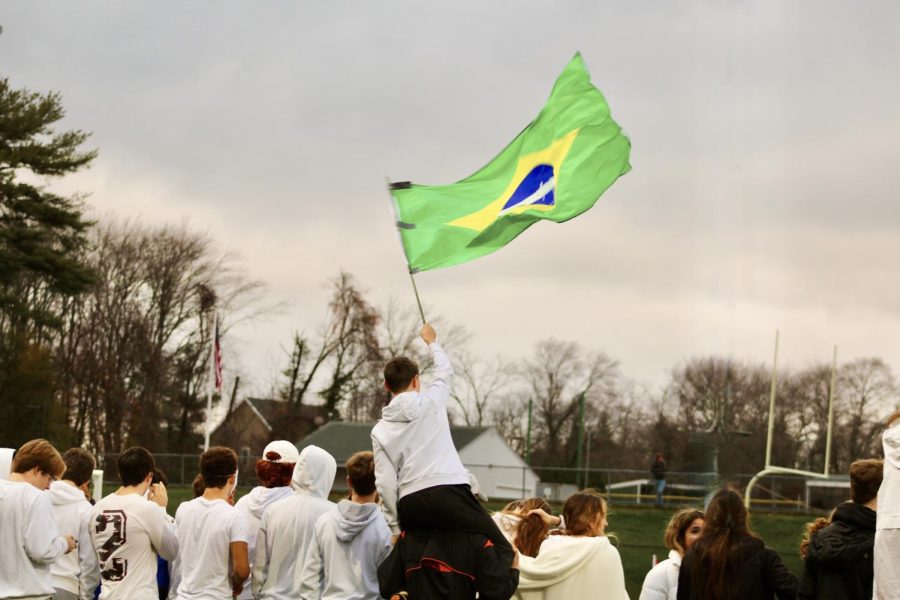 During the game, a fan sits on another fans shoulders, waving a Brazilian flag. The flag has been brought to many games to support the Brazilian players on the team.