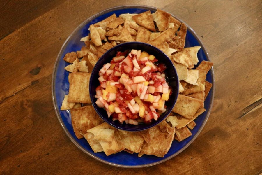 Step Ten: Scoop some fruit salsa into a bowl and enjoy with cinnamon sugar pita chips.