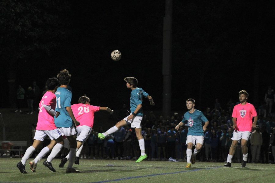 The boys varsity soccer team plays in the annual Kicks for Cancer tournament at Concord-Carlisle High School. The team beat Bedford with a score of 1-0 on Saturday, Sept. 24, 2022. Wayland wore teal, and each players jersey had the name of someone in their life who has cancer.