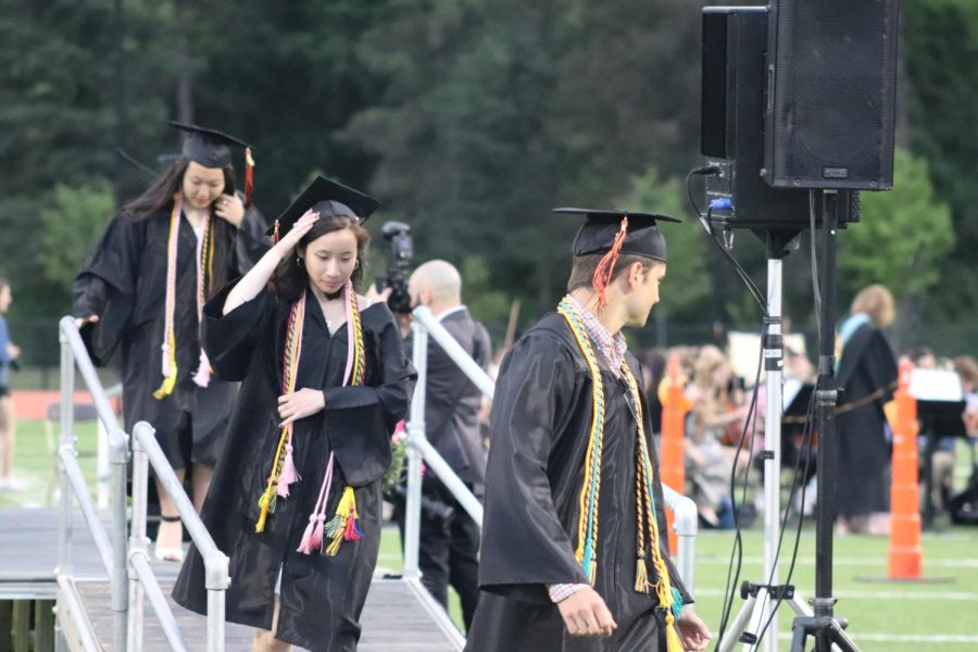 The Class of 2022s graduation takes place on Friday, June 3, 2022. This was the first time Wayland High School has held a graduation at 6 p.m. since the 1990s. After announcing each member of the classs name, the senior class executive board officers receive their diplomas.