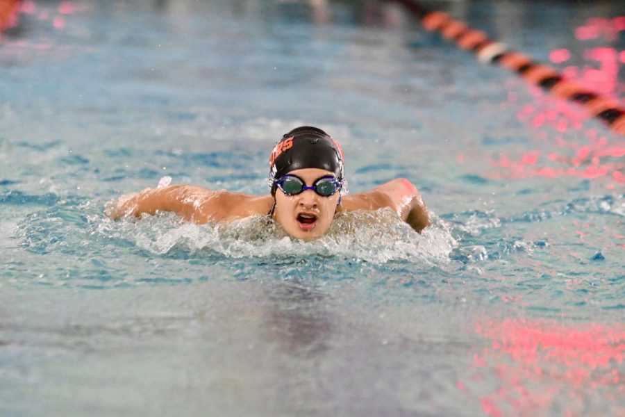 Freshman Anishka Trehan swims the 100 yard butterfly event. A swimmer is limited to two individual events and two relays per meet.