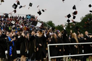 Once the ceremony concludes, the graduates toss their caps into the air.