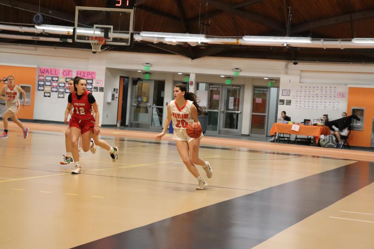 Captain senior Lilly ODriscoll dribbles the ball down the court. Along with being on the basketball team, ODriscoll also plays on the varsity soccer and lacrosse teams.