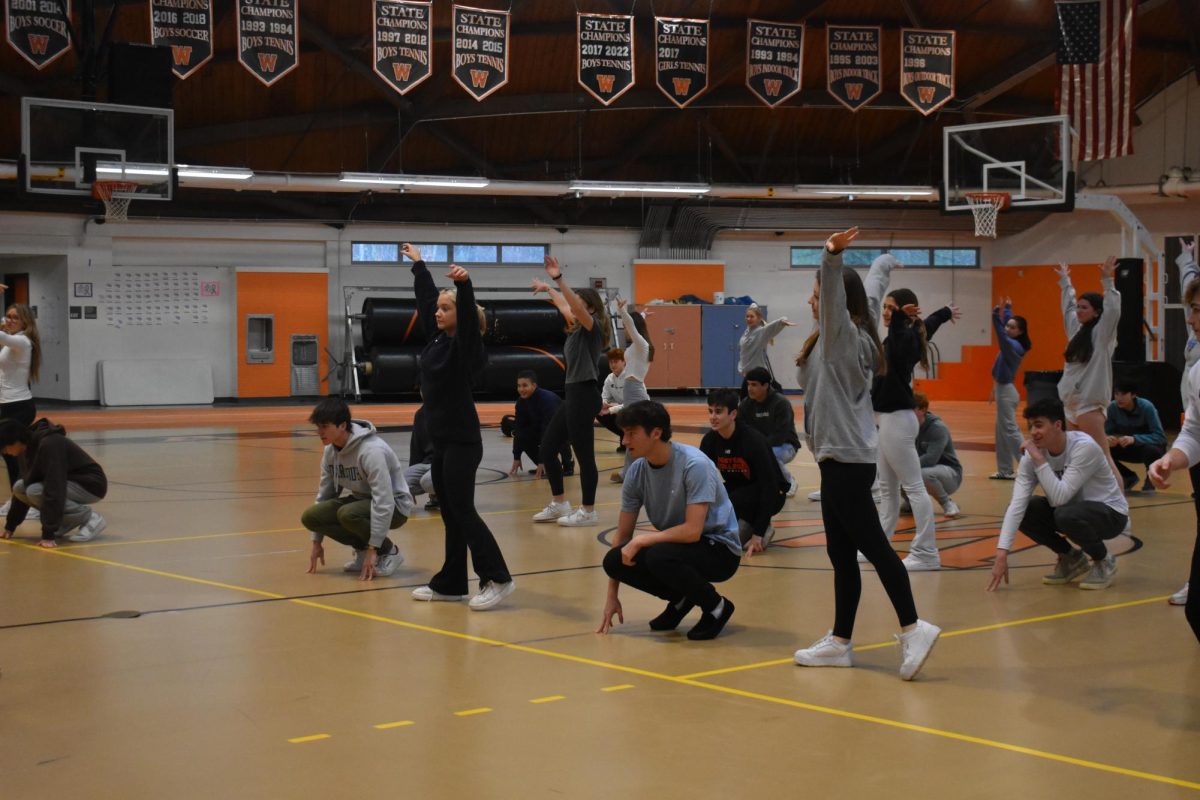 While practicing for the co-ed dance, the senior girls strike a pose while the senior boys remain on the ground.
