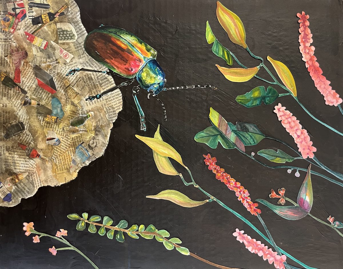 Senior and October Artist of the Month Tara Sawrikar's recent mixed media piece depicting a beetle reaching toward nature. Sawrikar cited this as one of her favorite creations. 