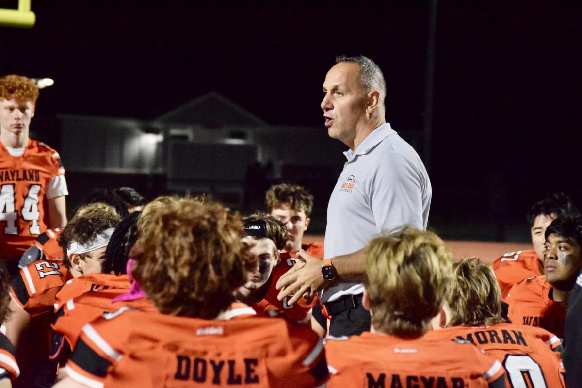 After the game concludes, head coach Scott Parseghian congratulates the players and awards the "Gladiator Helmet" to senior captain Owen Finnegan. "These seniors have been in our program for five years so it is going to feel strange without them next year in our program," Parseghian said. "Along with some great memories of playing football, we have also had some great laughs and a lot of fun with these seniors. They set a high standard for everyone that is coming up in the Wayland football program."