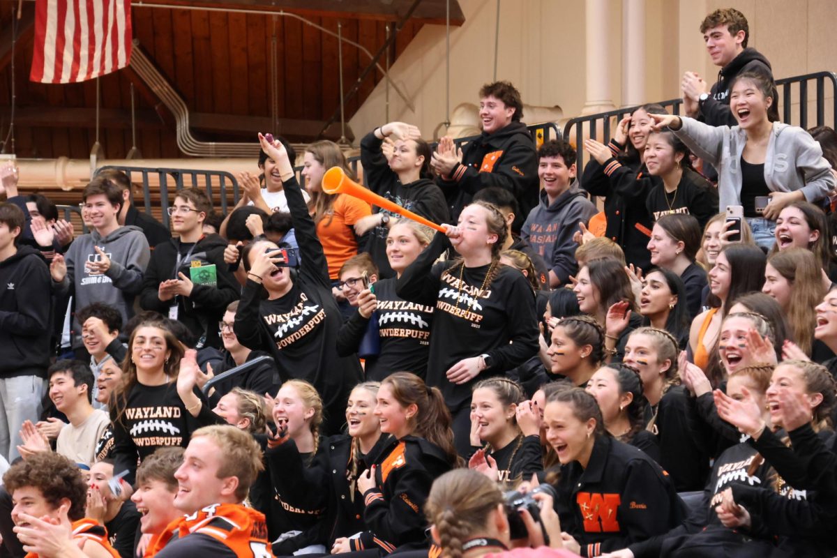 Blowing into her horn, senior Finley Knapp celebrates her classes victory in one of the Spirit Day games.