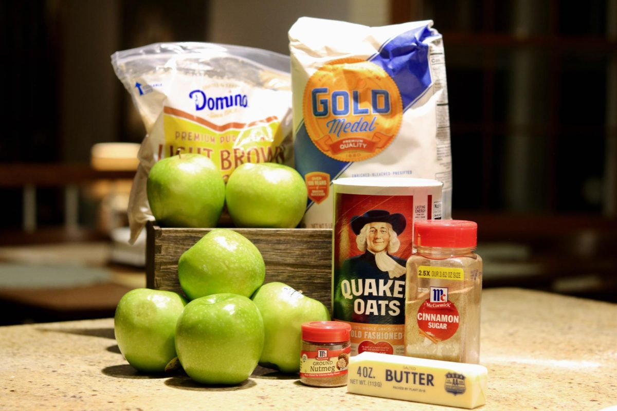 For this recipe, gather 4-6 apples, oats, nutmeg, cinnamon, butter, brown sugar and flour.