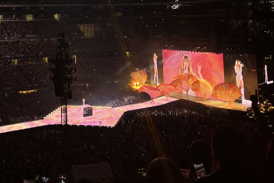 Singing to a sold out stadium of 70,000, pop-singer Taylor Swift performs during her “Eras Tour” on April 1, 2023 at the AT&T Stadium in Arlington, Texas.