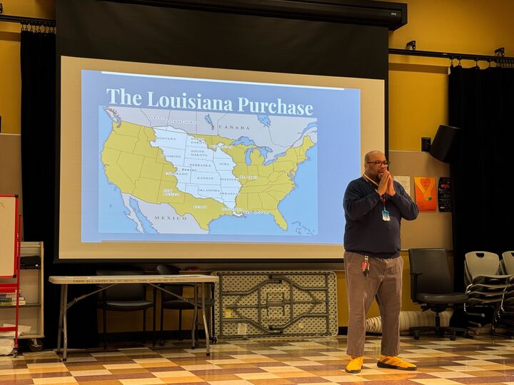 Mark Liddell shows a slide about The Louisiana Purchase and how it connects to black history. The presentation lasted a full block out of the school day.