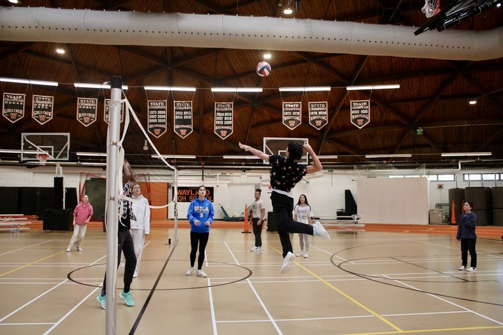 Freshman Andrey Vieira jumps in the air to hit the ball to the receiving side.