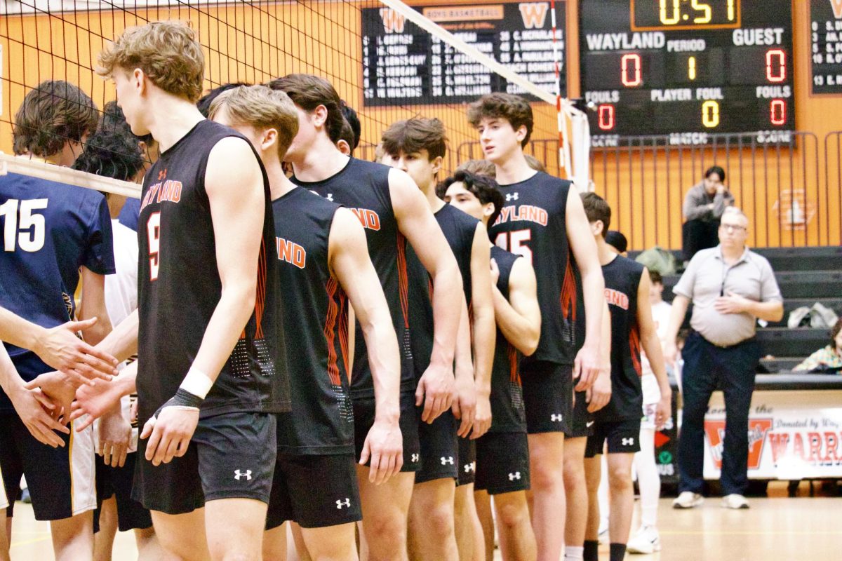 Before the start of the game, some Wayland and Lexington players high-five each other along the net.