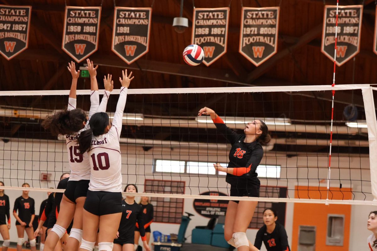 Senior captain Anna Yalli hits the ball over the net and scores a point for the team. Yalli has been on the team since sophomore year.