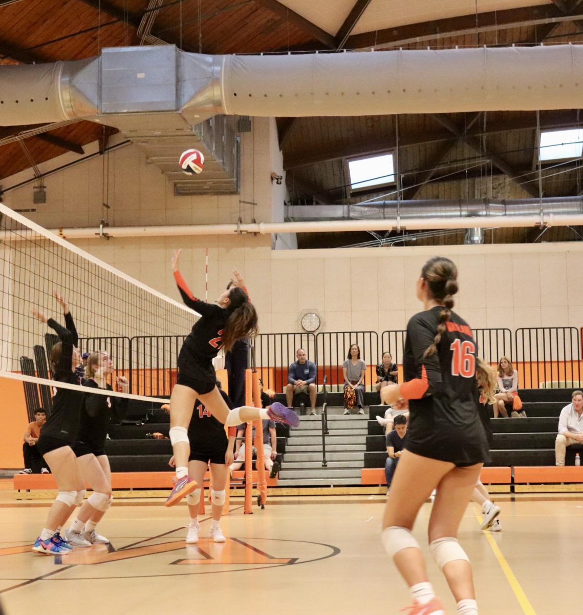 Junior Lara Goller jumps to make an attack on the ball right at the net. 