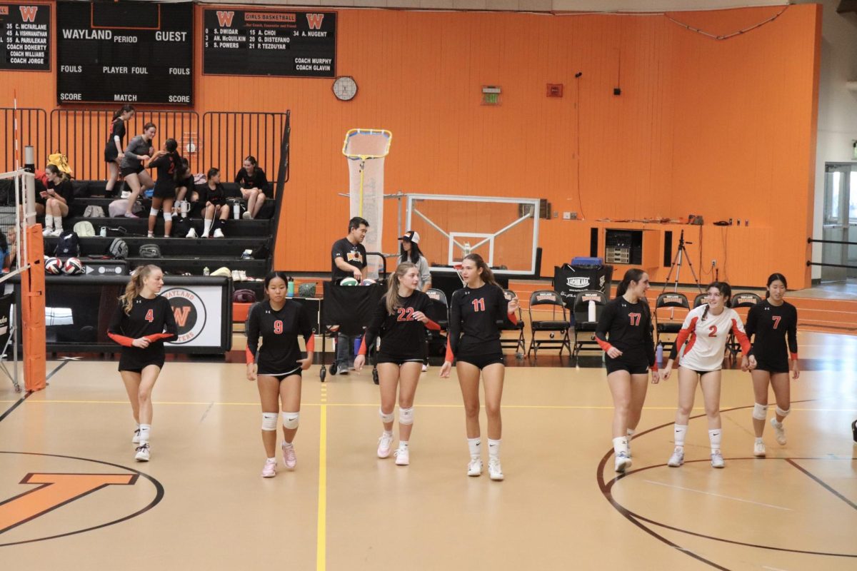 The girls varsity volleyball players warm up before playing against Wellesley High School.