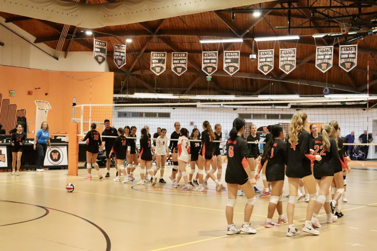 Walking across the court, both teams line up to give high fives. Wayland fell to Wellesley 3-1. A rematch will be held on Friday, Sept. 19.