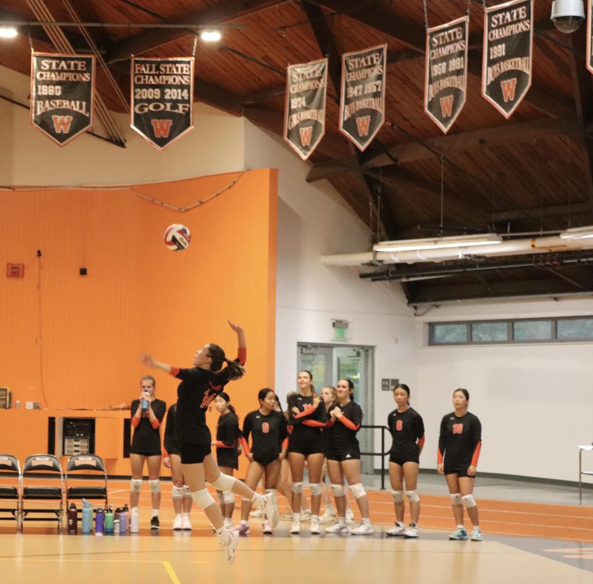 Junior Jayden Moore jumps up to serve the ball. Moore is the setter for Wayland. A setter in volleyball leads the team in its offense.