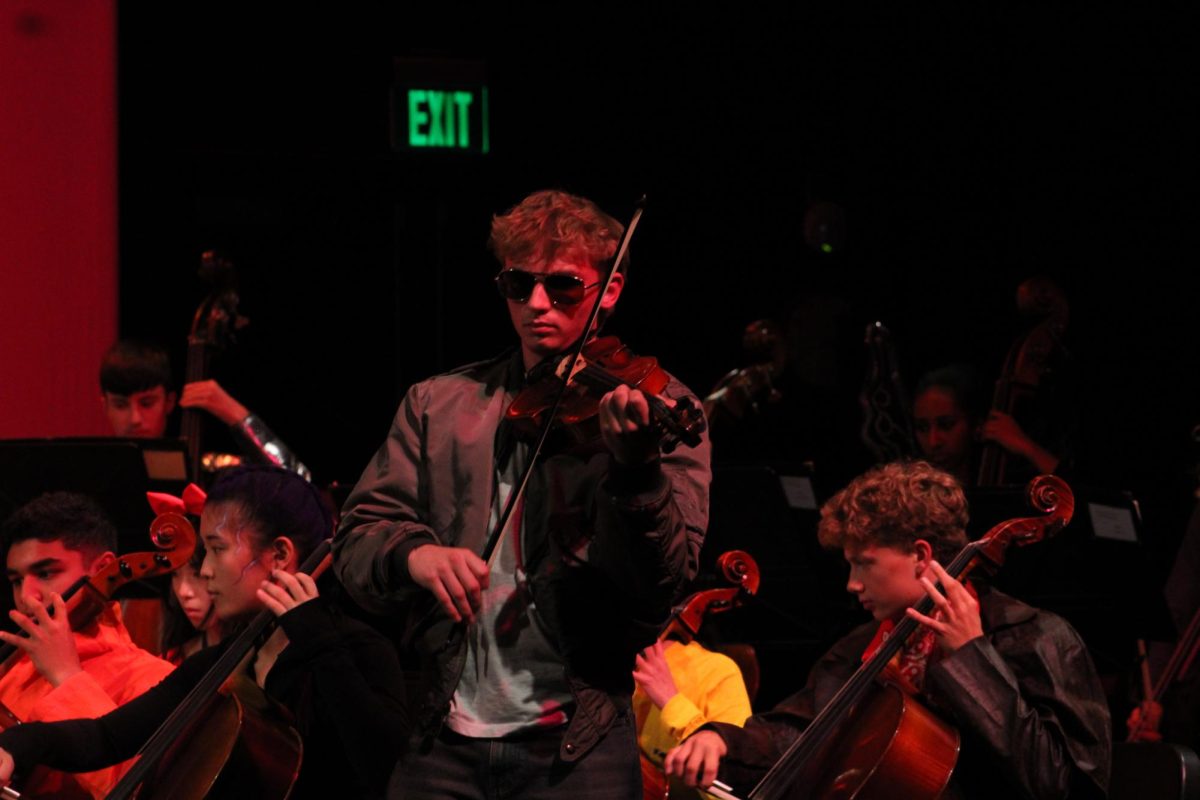Standing up for his part, senior Atticus DeGrenier plays the violin.