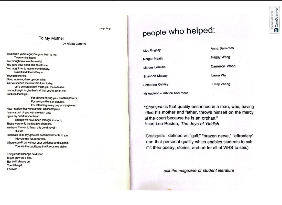 A page of the 2006 Chutzpah, which includes an ending poem called "To My Mother" by Alexa Lemmo. Alongside it is the credits, including a description of this edition's name Chutzpah.