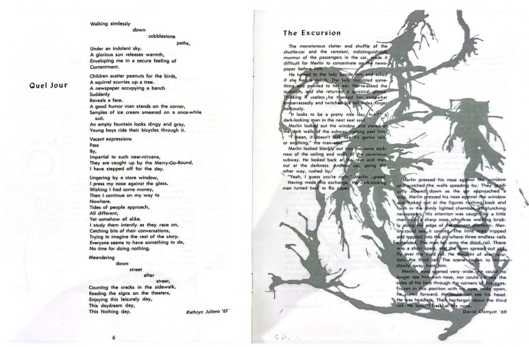 The page of the 1966 The Idiom, featuring a poem called "Quel Jour" by Kathryn Juliana and another poem called "The Excursion" by David Clampit. 