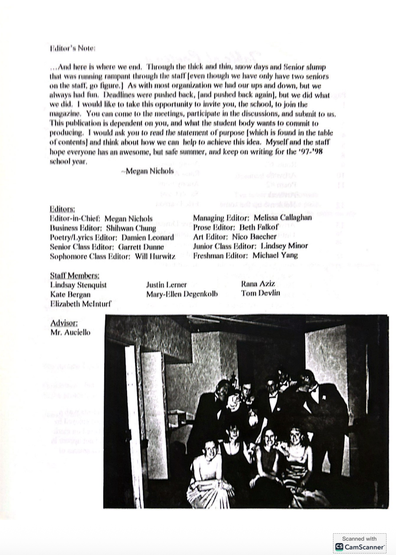 This is a page of "Broken English" containing an editors note and a list of different editors and staff members. 