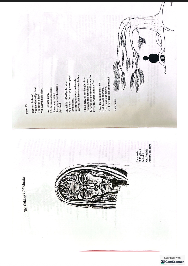 This is a page of "Broken English" that includes a piece of artwork called "The Coldness Of Murder" made by Rana Aziz and a poem called "Poem #2" made by an anonymous person. 
