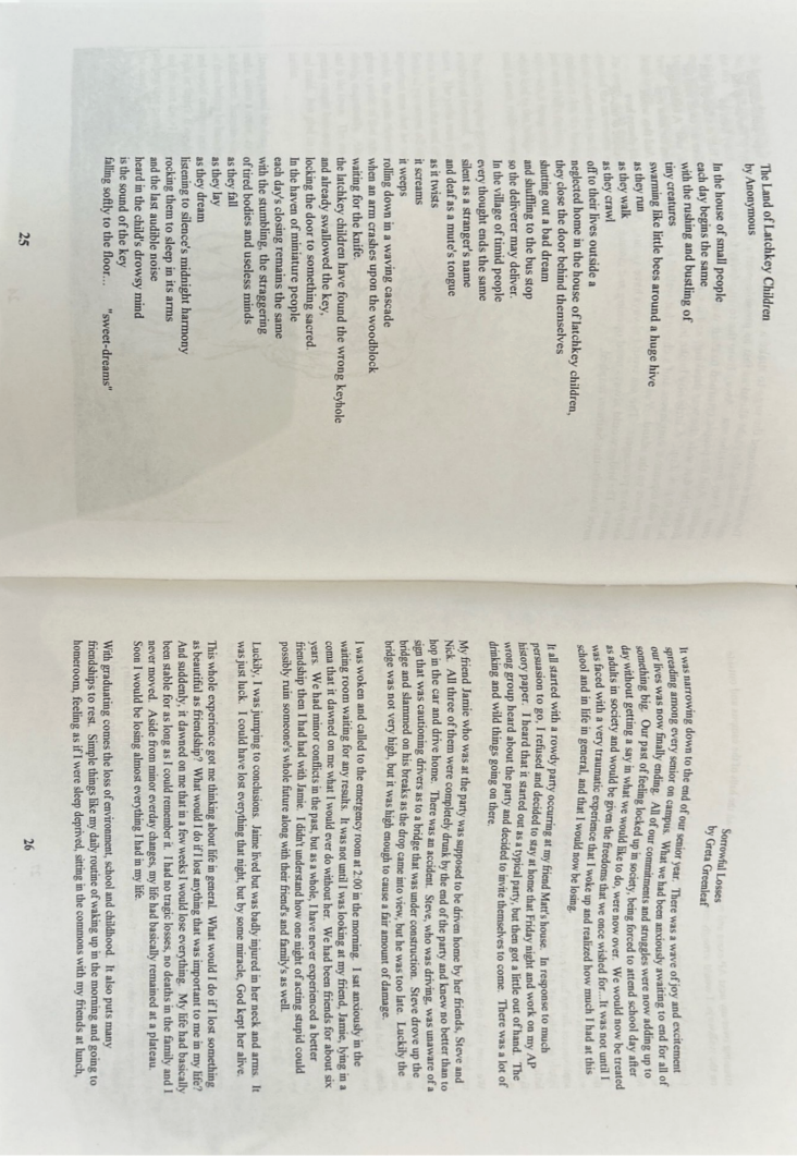 This is a page that holds a poem called "The Land of Latchkey Children" written by an anonymous person. Beside it also lays a story called "Sorrowful Losses" by Greta Greenleaf.