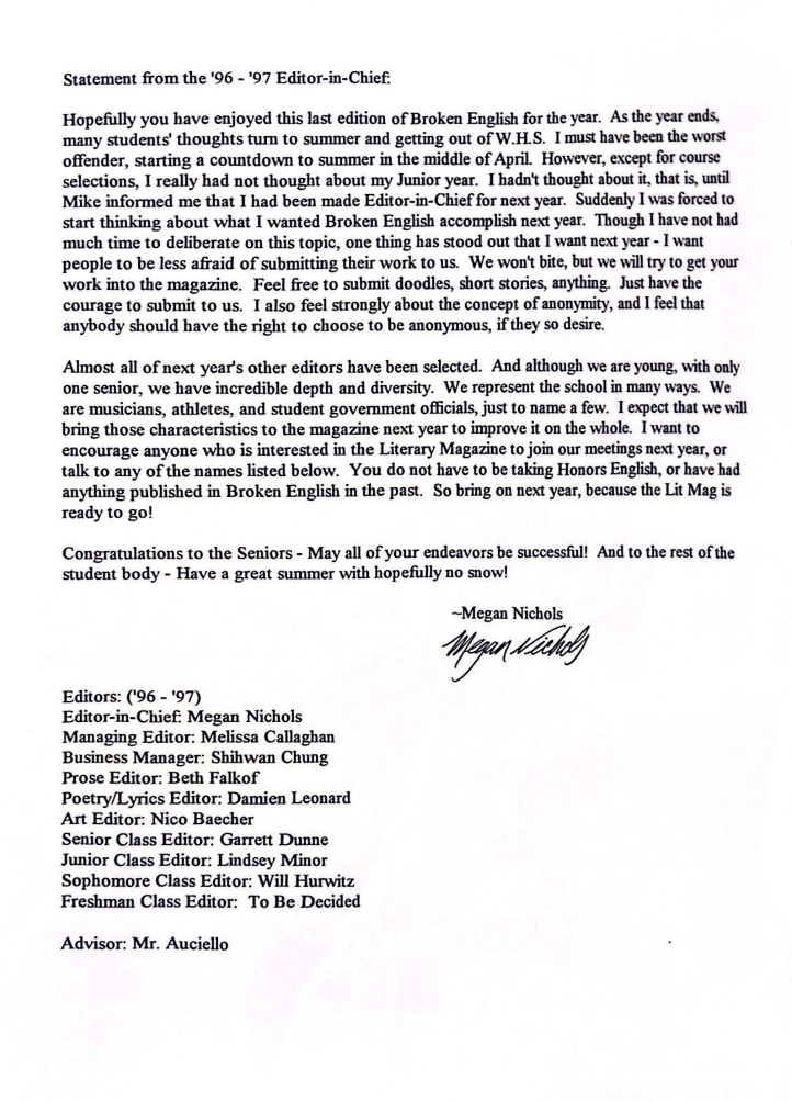 The editors note, as well as the list of editors, for the 1996 edition of Broken English.