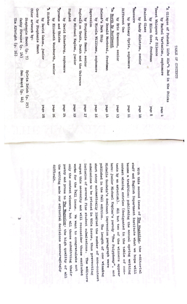 A page of the 1980 edition of The Magazine, holding the table of contents and a note to the readers. 