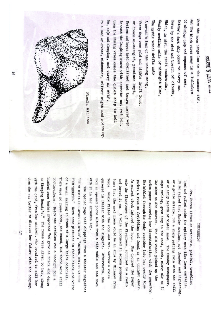 A page of the 1980 edition of The Magazine, holding a poem called "Selene's Dark Ship" by Nicola Williams.  To the right of the page, there's a story called "Impression."
