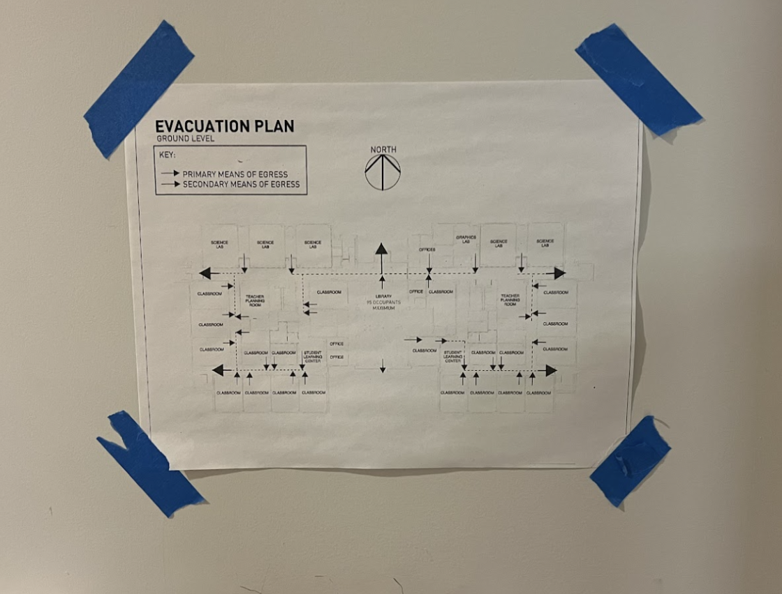 An evacuation plan for students and faculty hangs in the hallways. Hung up around the school, these printouts raise awareness about emergency procedures and give students a clear plan to follow during a dangerous situation. 
