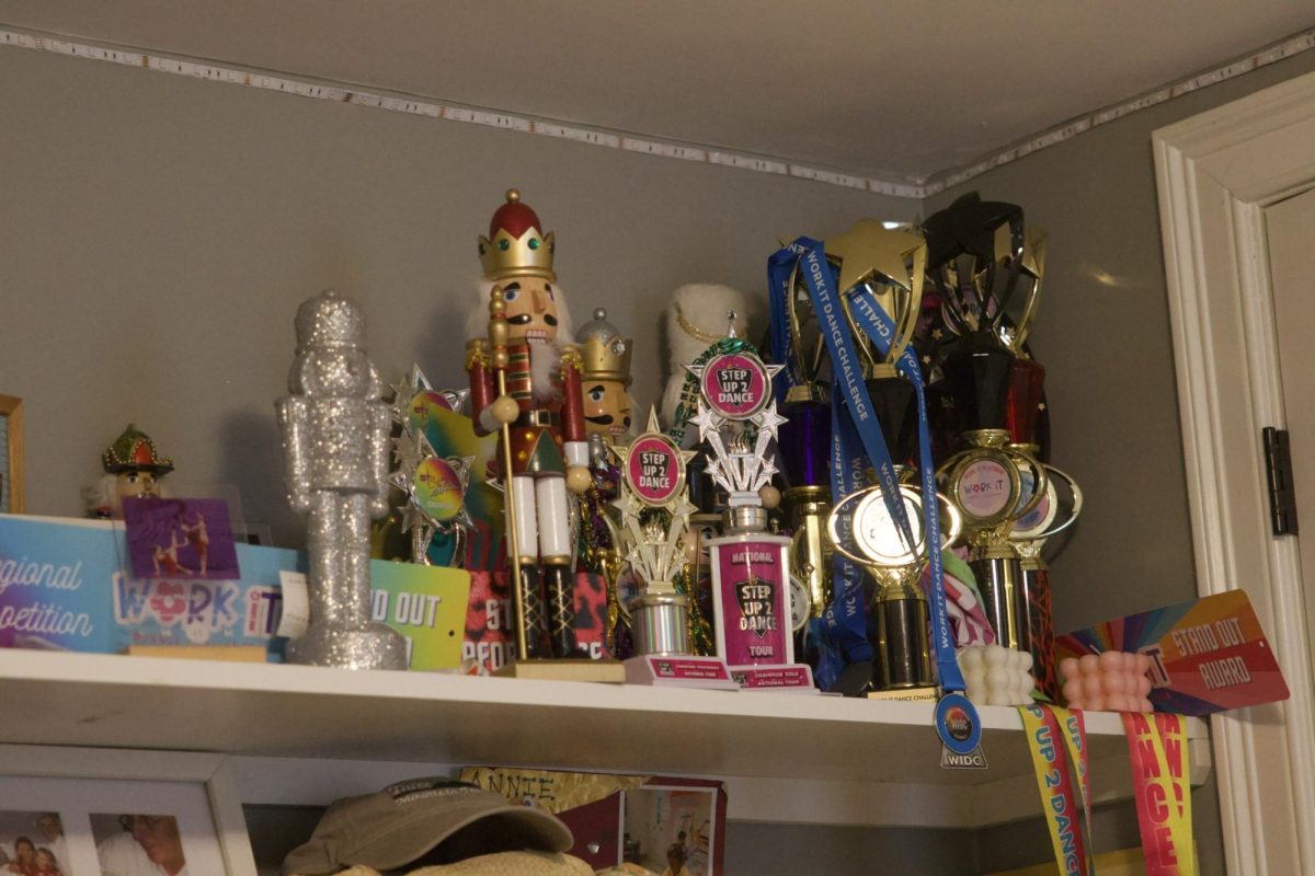 In senior Annie Melander's room is a shelf full of different trophies and awards from throughout all the years of her dance.