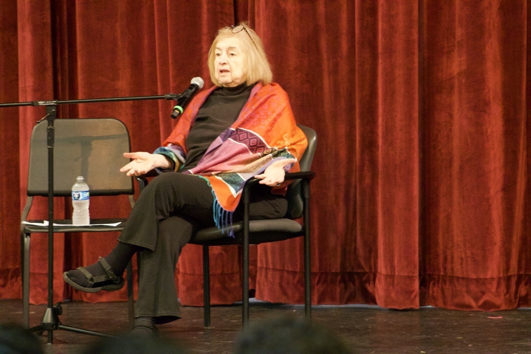 Speaker and Holocaust Survivor Kati Preston addresses the crowd in the WHS auditorium.