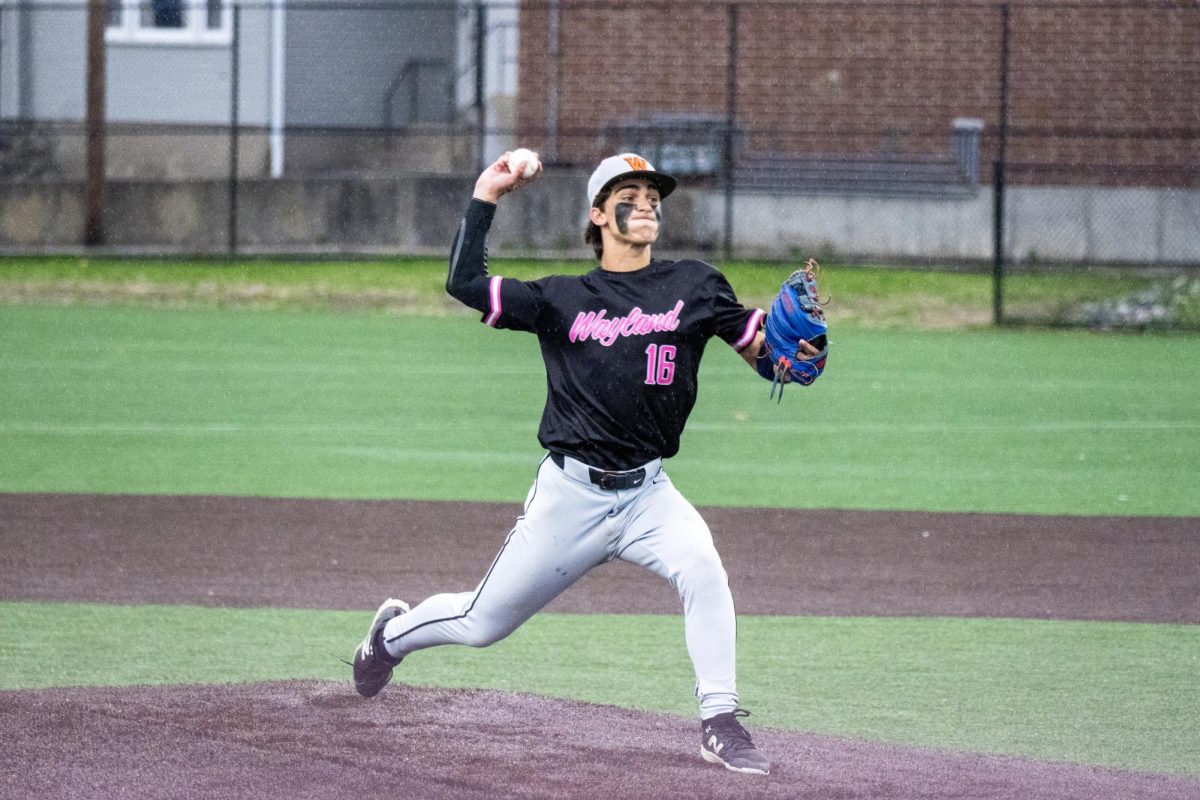 Freshman Lucas Cooley pitches the ball. "I thought he did well," head coach Chris Fay said when asked about Cooley. Cooley and Hartunian are the two freshman who made varsity.