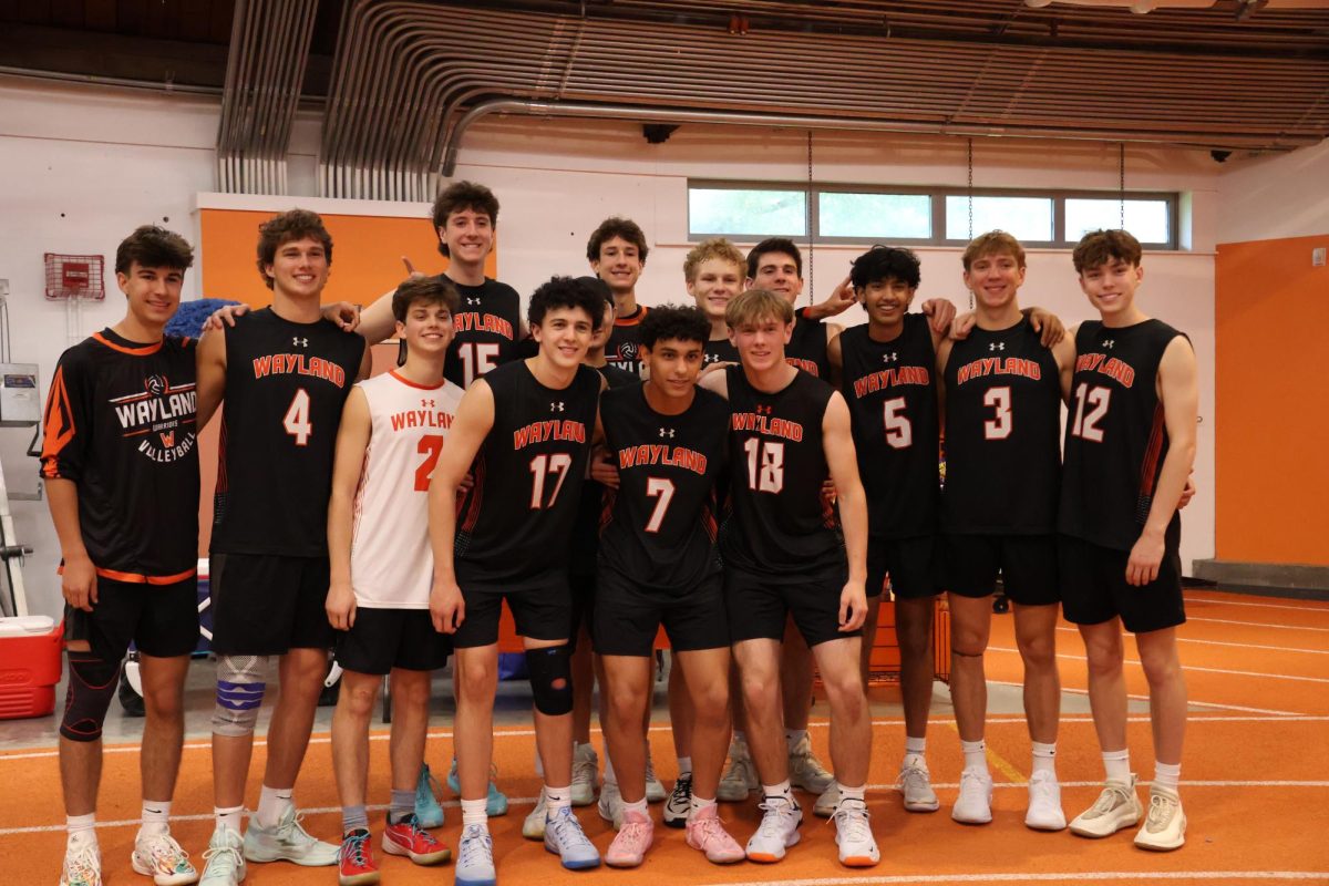 Wayland boys varsity volleyball won the opening playoff game against Pioneer Charter School of Science with a 3-0 sweep on Saturday May 30, kicking off the championship season. The game was a chance for the usual lineup to be mixed around and for players to challenge their flexibility with positions.